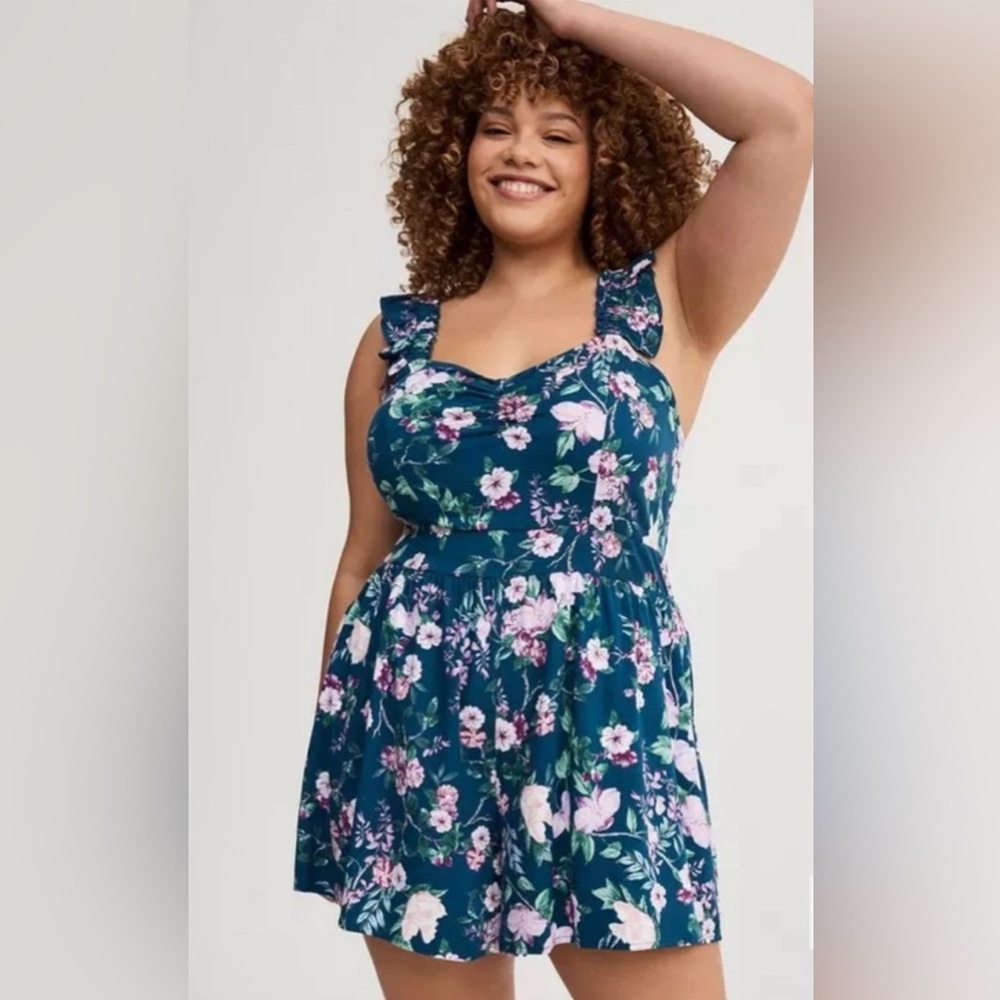 torrid Teal Floral Romper with Pink & Green Print